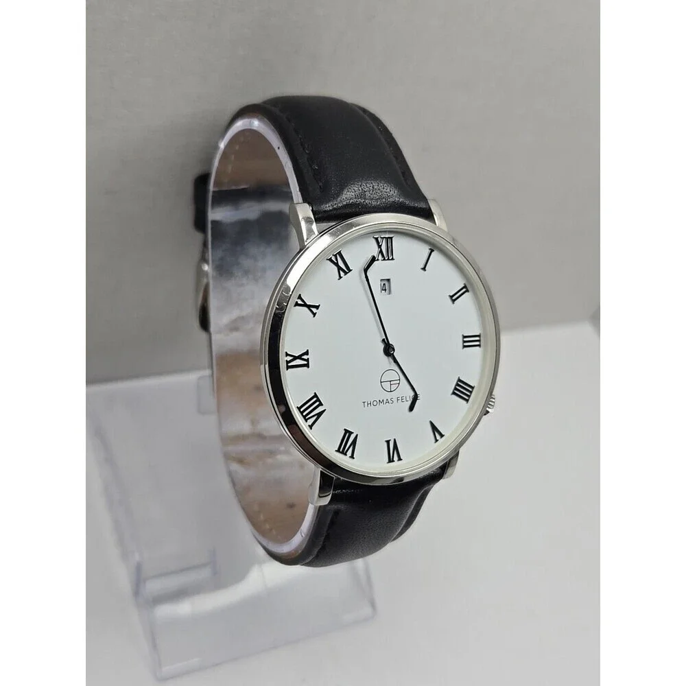 Thomas Felice 40mm 5ATM Roman Date Hockey Stick Hands Watch Silver New Battery